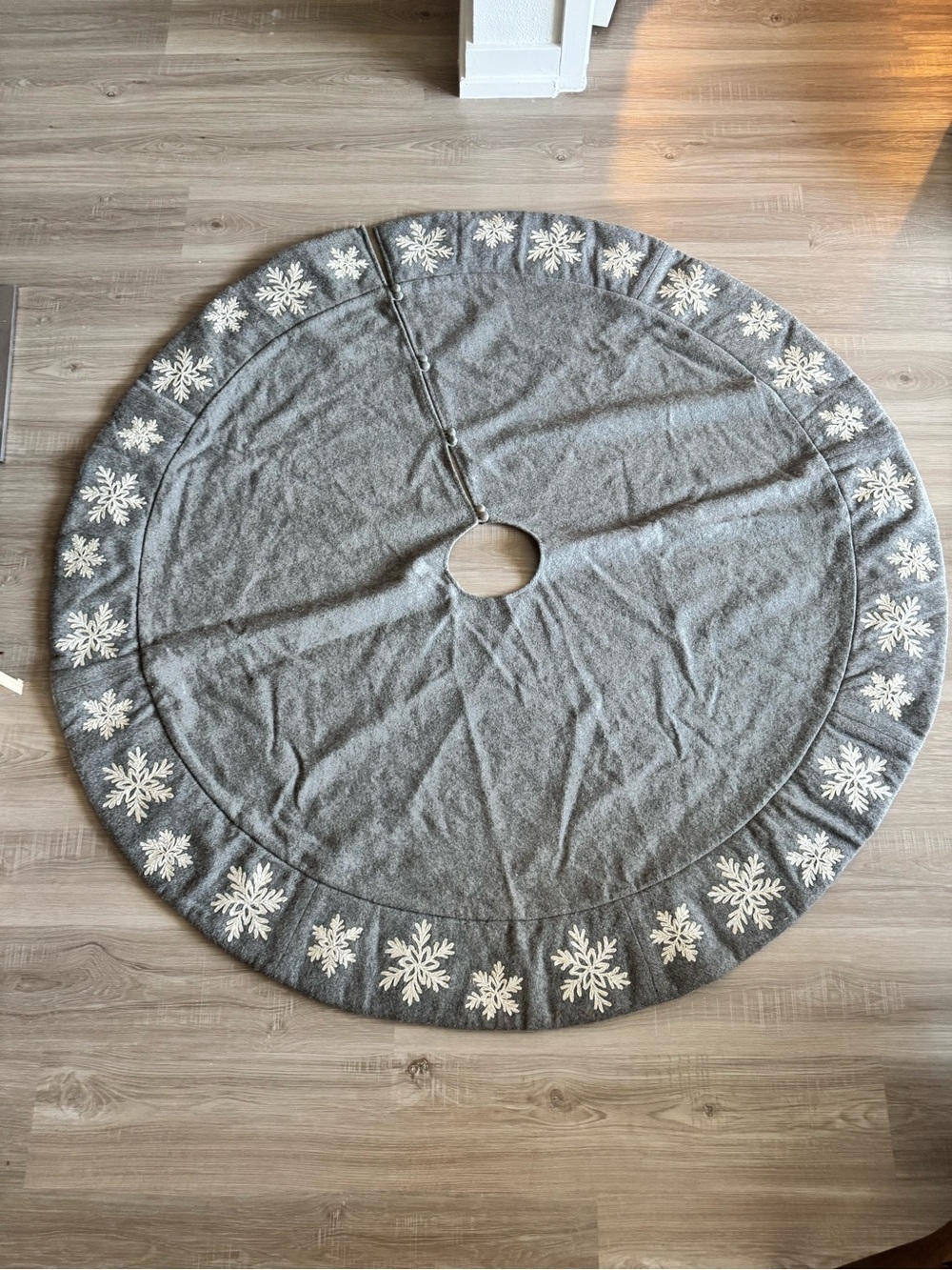 Arcadia Home Gray Wool Blend Christmas Tree Skirt – 60" Snowflake Embroidery